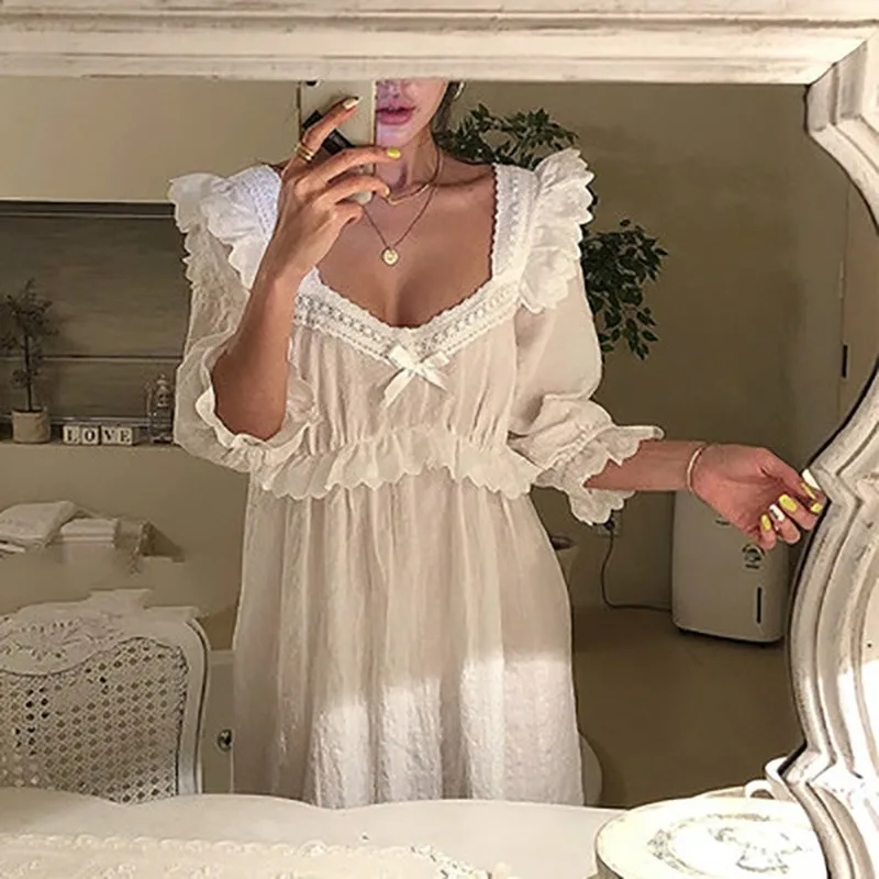 

Women's 2022 Spring and Autumn Dress White Lace Square Neck Princess Pajamas Retro Ladies Pajamas Pajamas Cute Casual Pajamas