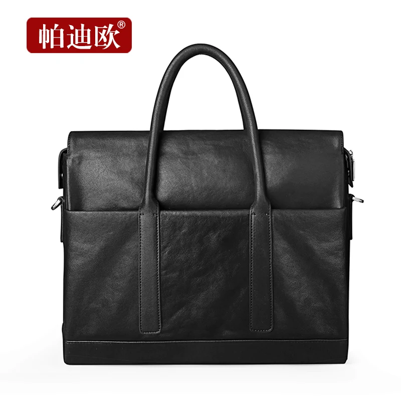 Padieoe Fashion Cowhide Male Business Men Briefcase Bag Luxury Leather Laptop Bag Man Black Handbag Large Capacity Shoulder Bag