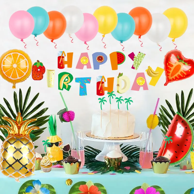 

1set Watermelon Pineapple Fruit Foil Balloons Happy Birthday Banner Kids Summer Hawaiian Style Bday Party Decoration Supplies