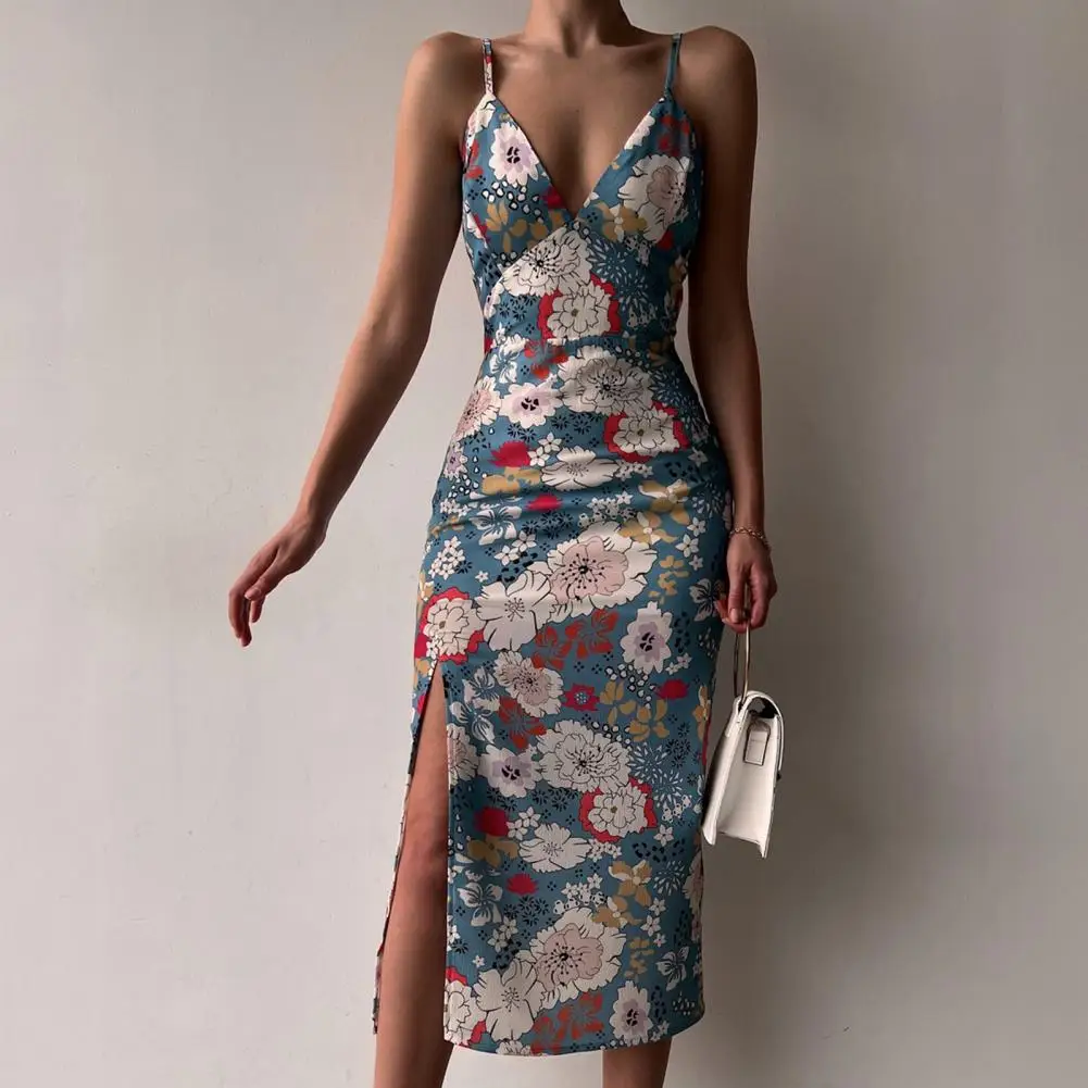 

Floral Print Sleeveless Sling Holiday Dress Deep V-neck Waist Tight Hip Wrap Backless Summer Dress Side Split Hem Lady Dress