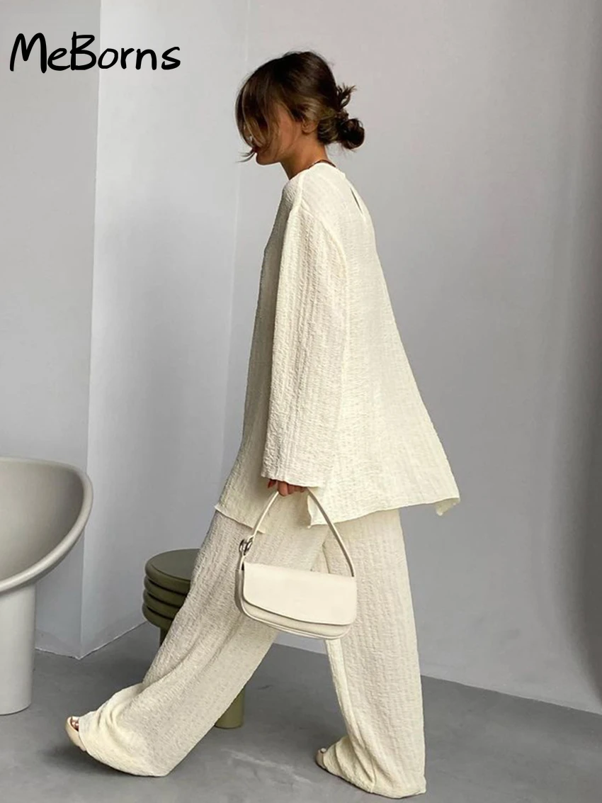 

Fashion Loose 2 Piece Pants Set Women Casual Long Sleeve T-Shrit Matching Wide Trousers Suit Vintage High Wasit Pant Set