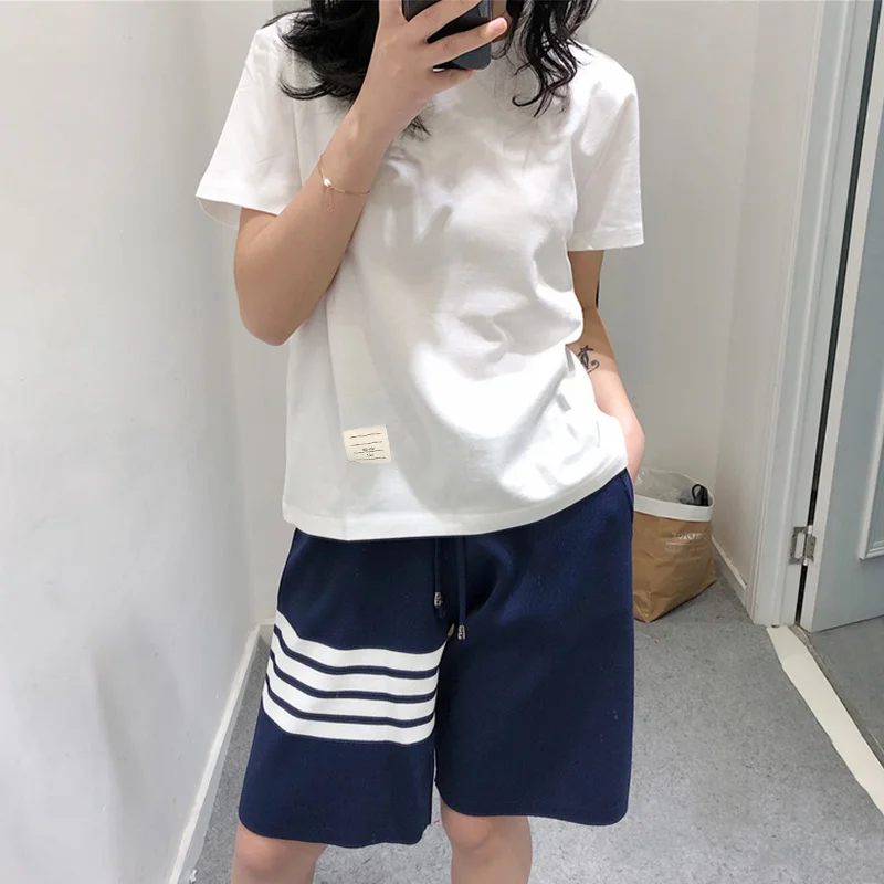 

Футболка tb хлопковая с коротким рукавом для мужчин и женщин, свободная, с круглым вырезом, с рукавом до локтя, для студентов, для пар, весна-лето