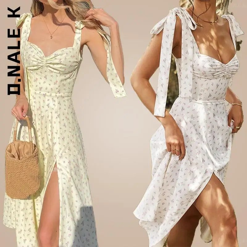 

D.Nale K Spring Floral Dress Women's Sexy Casual Fashion Sundress Midi Slip Backless Pleated Slit White Yellow Lace-up Flowers