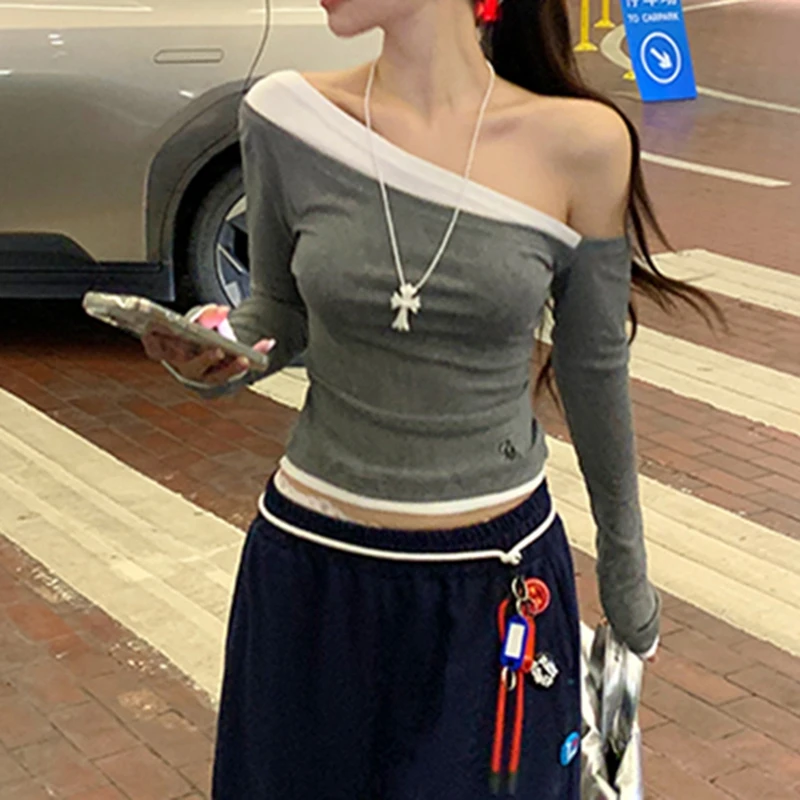 Женская повседневная футболка с длинным рукавом и косым вырезом в стиле пэчворк