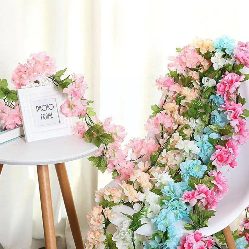 

230cm Artificial Flowers Cherry Blossom Garland Home Vine Plants Wedding Silk Decoration Party Garden Fake Arch Back J9U2