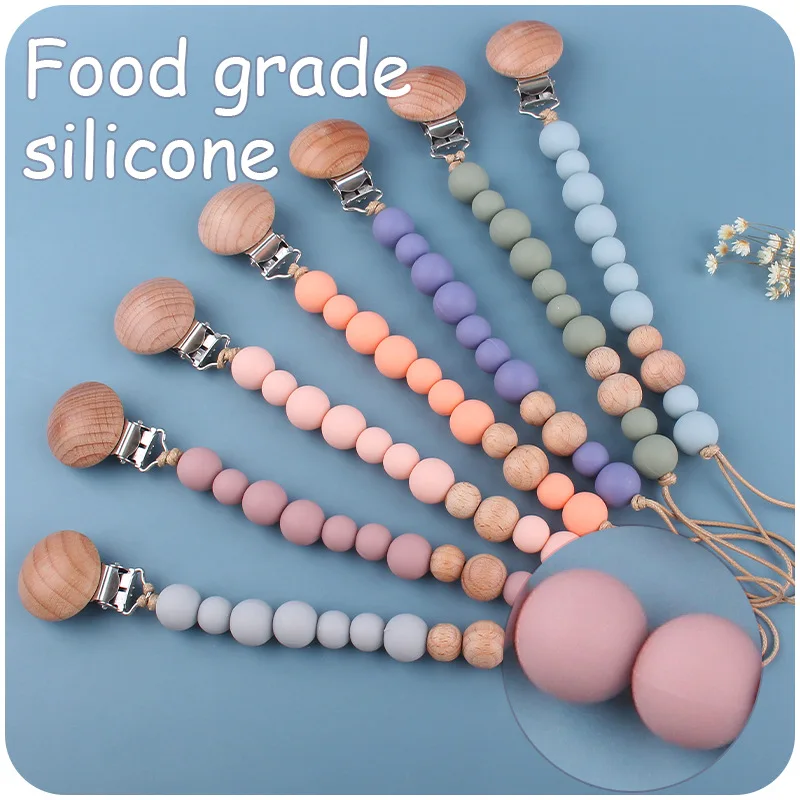 

Beech Wood Chew Bead Pacifier Clips Chain Holder Newborn Soother Chains Nipple Holder For Babies Teething Baby Chew