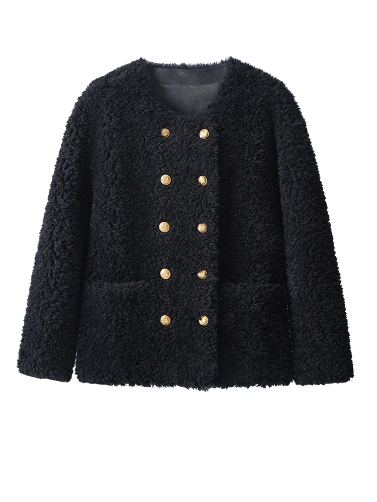 2024 двухрядная золотая пряжка маленькая меховая верхняя одежда из овечьей шерсти