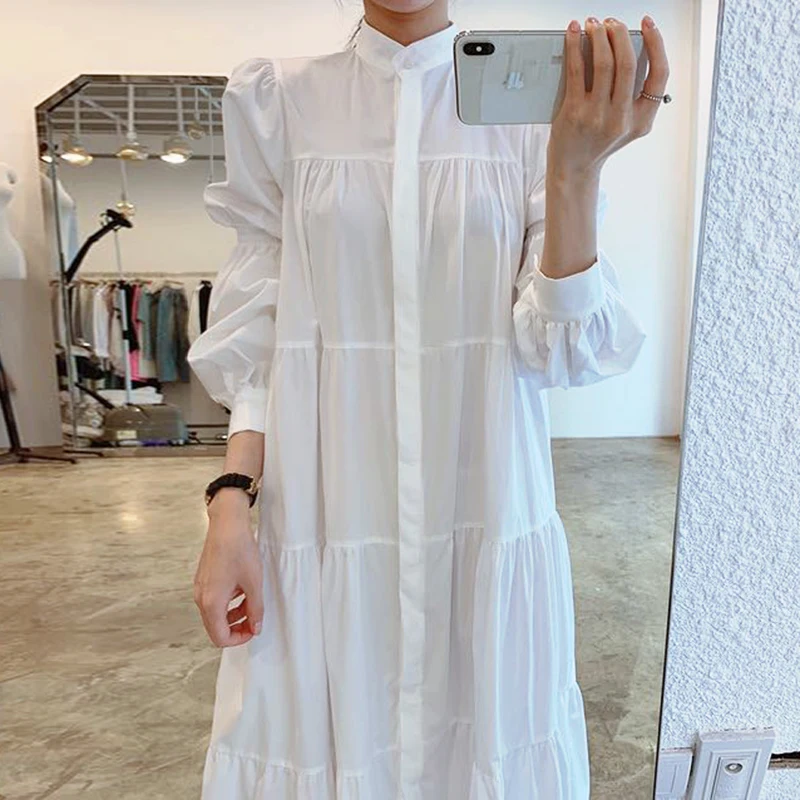 

2023 Maxi Dresses For Women Puff Sleeve Elegant Long Robe Korean Fashion Vestidos Feminino Stand Neck Pleated Dress Clothes