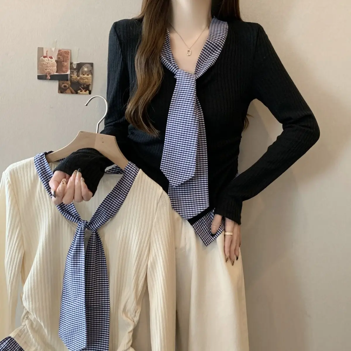 Женский трикотажный топ с длинным рукавом Облегающая рубашка в Корейском стиле