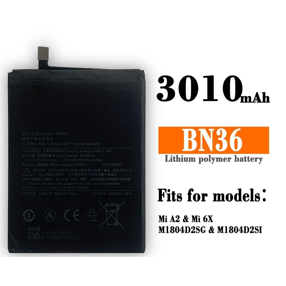

100% Oginal BN36 3010mAh Battery For Xiaomi Mi 6X Mi6X Mi A2 MiA2 BN36 High Quality Phone Replacement Batteries +Tools