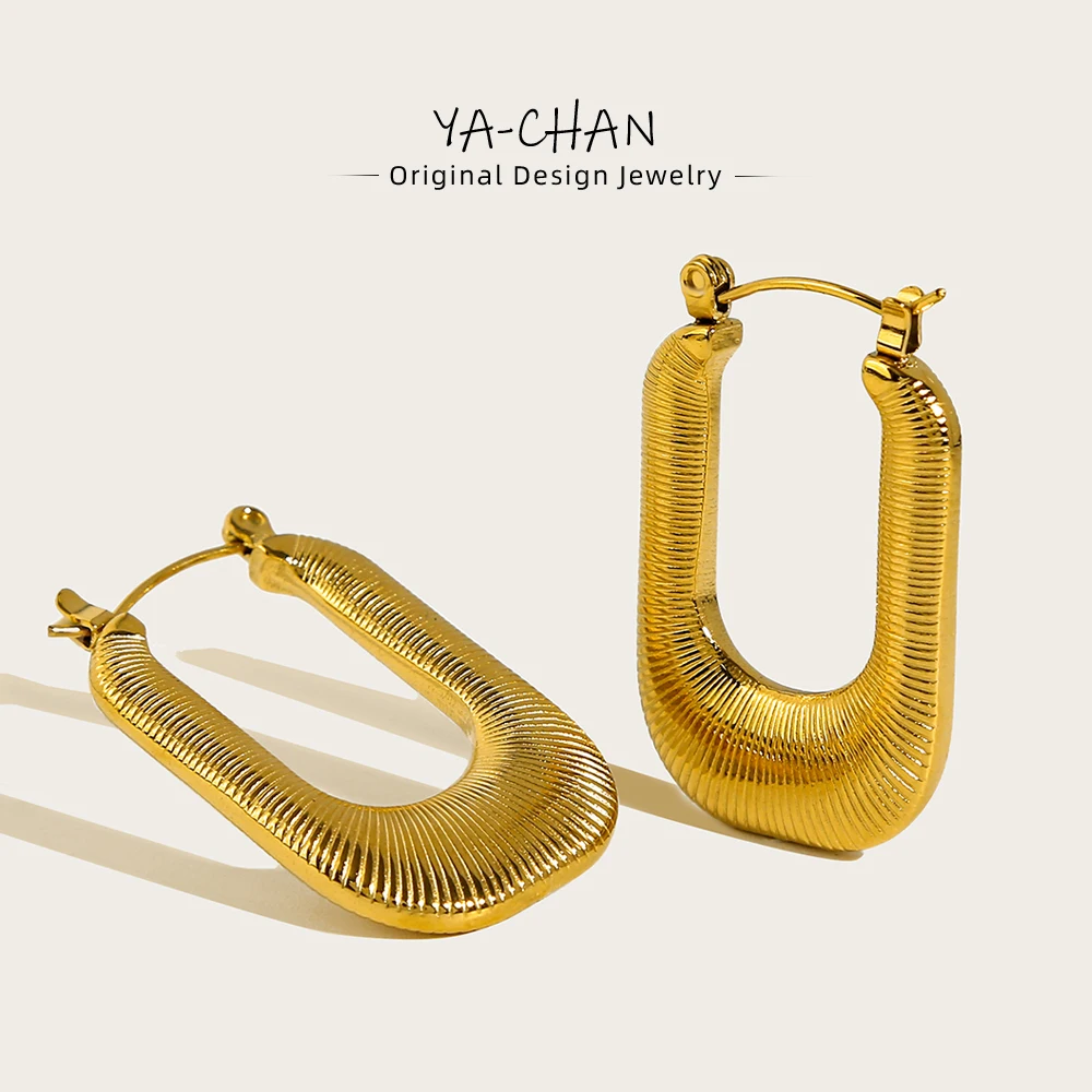 

YACHAN Stainless Steel Hoop Earrings for Women 18K Gold PVD Plated Metal Texture U-Shaped Earring High quality Jewelry Gift