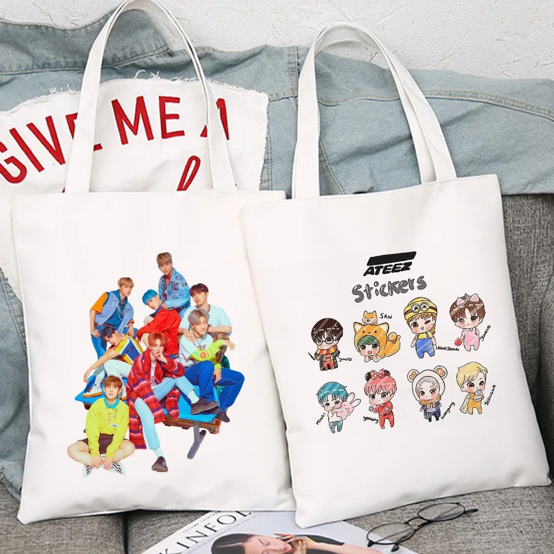 

Shopper Bag Korea Ulzzang ATEEZ Kpop Combination Hip Hop Hipster Print Shopping Bags Eco Canvas Fans Tote Bag Pacakge Hand Bag