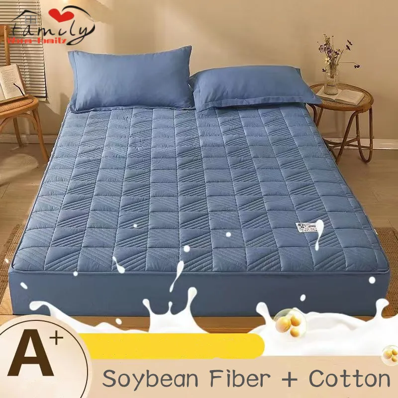 

High Quality Soy Fibre Quilted Thicken Mattress Cover 100% Cotton Bed Cover bed Topper Fitted Sheet Not Including Pillowcase