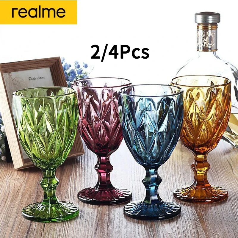 

Realme 2/4PCS Set Carved Goblet Whiskey Red Wine Glasses Multicolor Retro Heat-Resistant Cocktail Juice Champagne Glass Cups