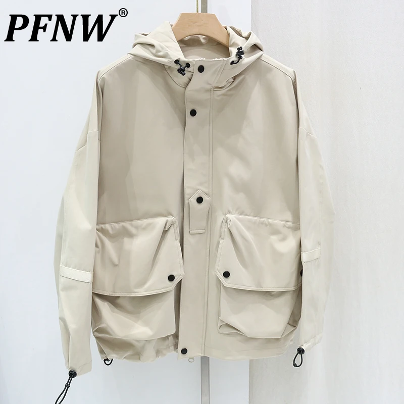 

PFNW Spring Autumn Men's Hooded Zippers Fashion Simple Versatile Pockets Personality Loose Waterproof Tide Trench Coat 12A7198