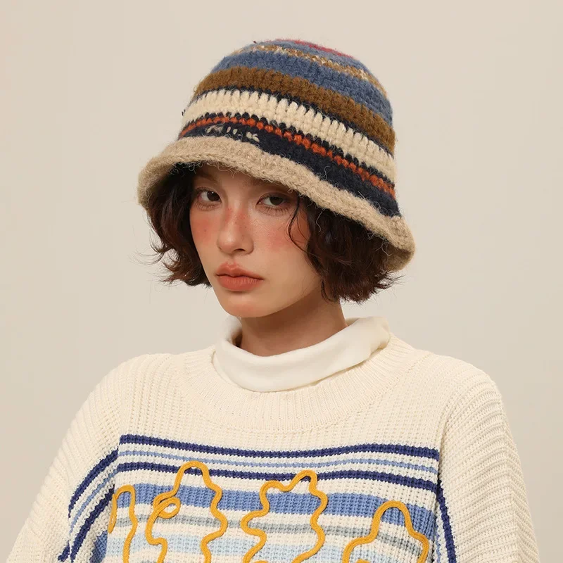 

Winter Korean Handmade Crochet Striped Bucket Hat Women Retro Contrast Color Warm Fisherman Hat Girl Fashion Knitted Beanies Hat