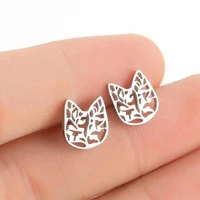 tulx cute kitten ear studs branch flower cat stud earrings female stainless steel minimalist jewelry for women accessories