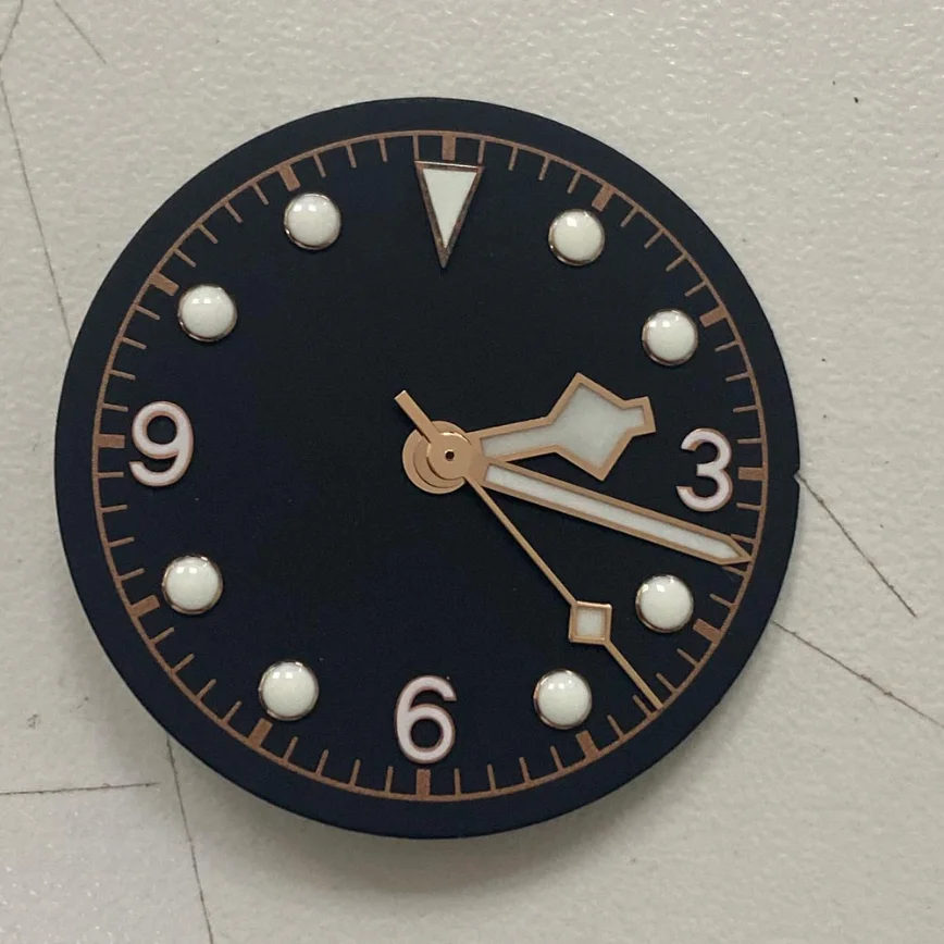 31mm Watch Dial Dial + Hands Rose Gold White Hands Green Luminous Black Dial Fits 2813/8215 Movement Watch Accessories