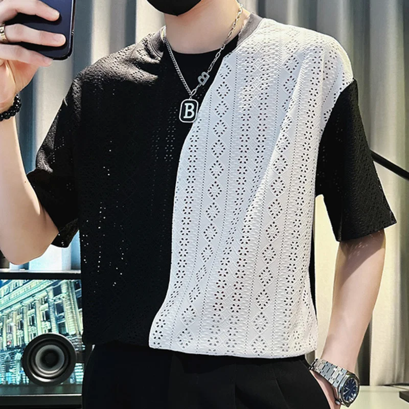 

2023 Summer Black White Contrasting Hollow Jacquard Tshirt Men O-Neck Fashion Brand Short Sleeved Pullover Casual T Shirts