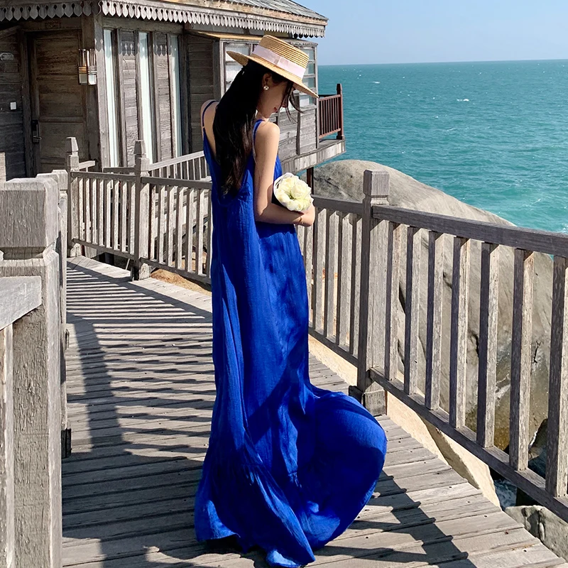 

NEW Women Loose Blue Satin Slip Dress Summer 2022 Runway Elegant Casual Straight Y2k Beach Vacation Party Night Long Vestidos