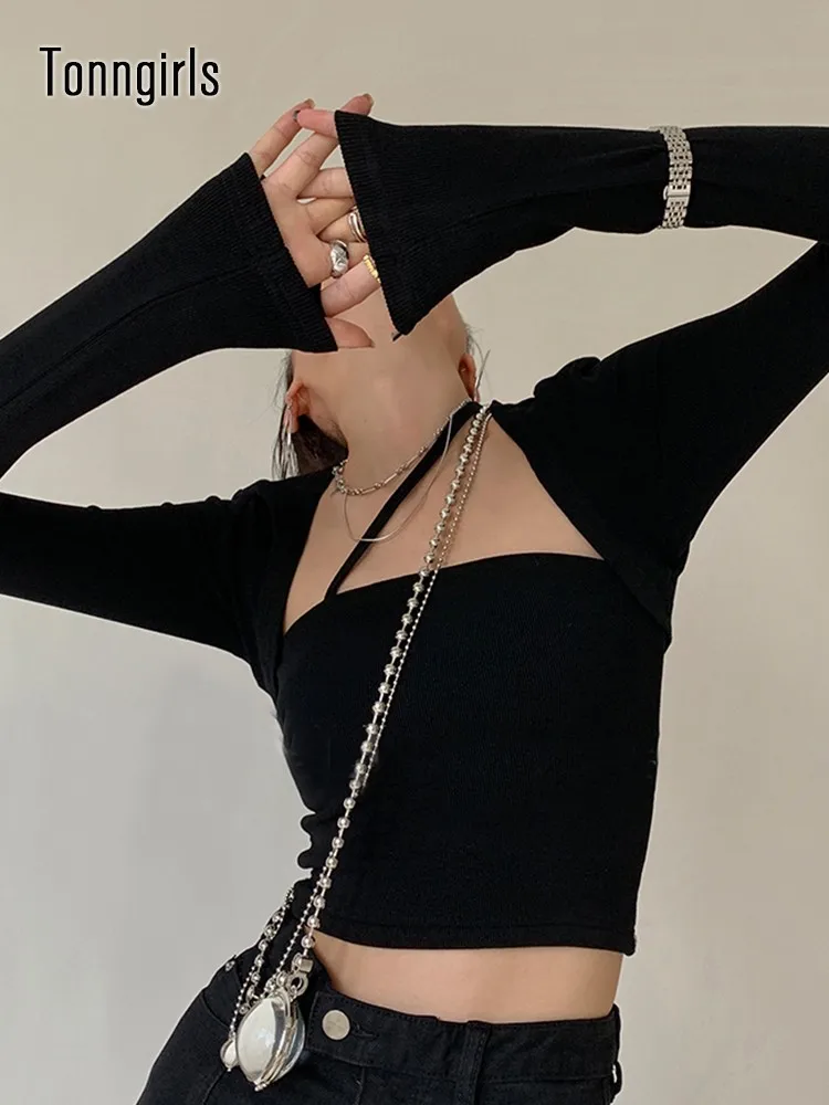 

Tonngirls гранж футболка женская с длинным рукавом обтягивающие топы из двух частей Черный кроп-топ Y2k винтажные Топы в Корейском стиле Tshits 2022