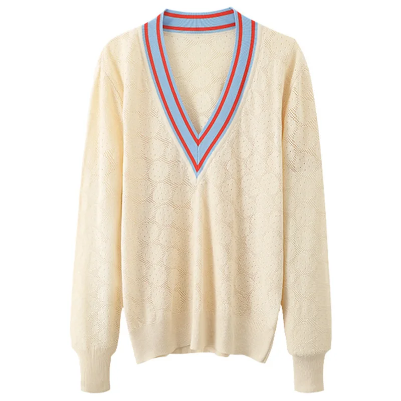 

Вязаная женская кофта с контрастным V-образным вырезом и длинным рукавом