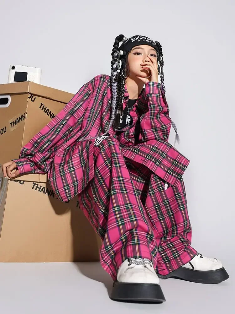 Детская одежда в стиле хип-хоп розовая клетчатая рубашка оверсайз повседневные