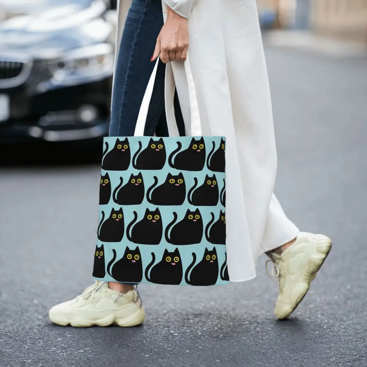 Copia De Black Cat With Tongue Out Totes Canvas Handbag Women Canvas Shopping Bag