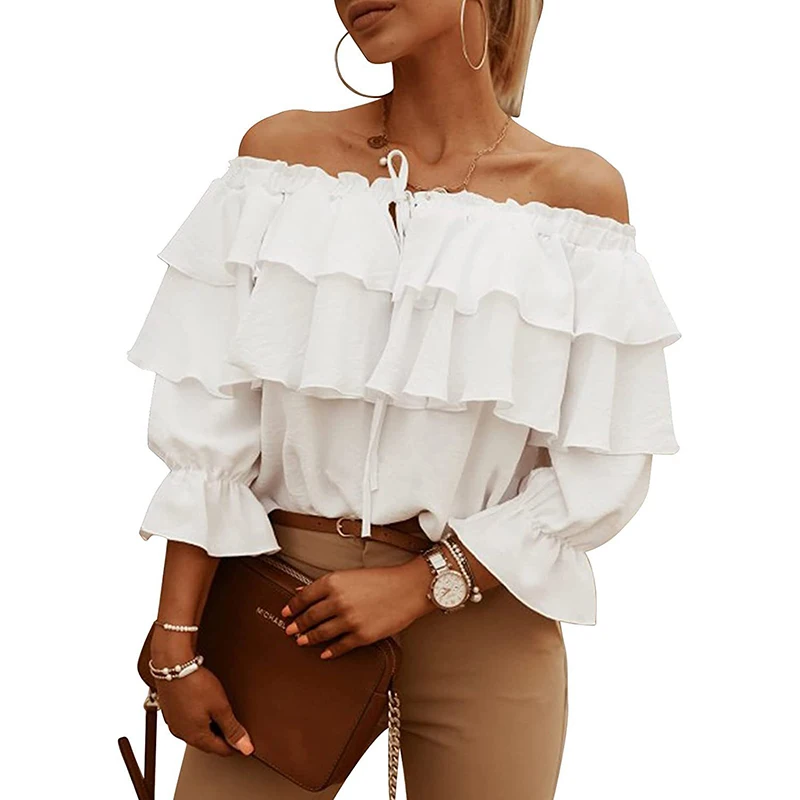 

Zagros Women Chiffon Blouse Elegant Off Shoulder Top Summer Solid Ruffles Shirts Sexy Lace Up Slash Neck Blouses Femme Plus Size