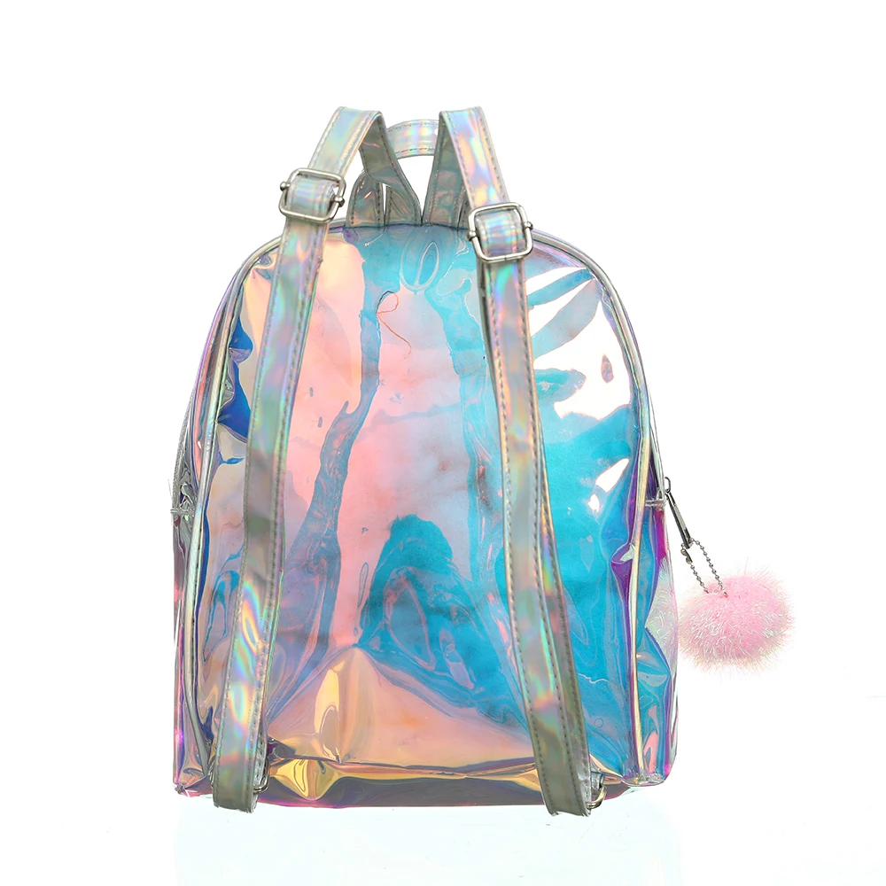 Unicorn Children Schoolbag  Silver Laser Pu Jelly Bag Waterproof Small Backpack For  Girls With Pom Pom Cartoon Cute  Kids  Bag
