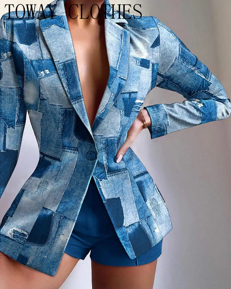 

Spring And Autumn Faux Denim Letter Print Lapel Collar Single Button Tailored Blazer & Shorts Set
