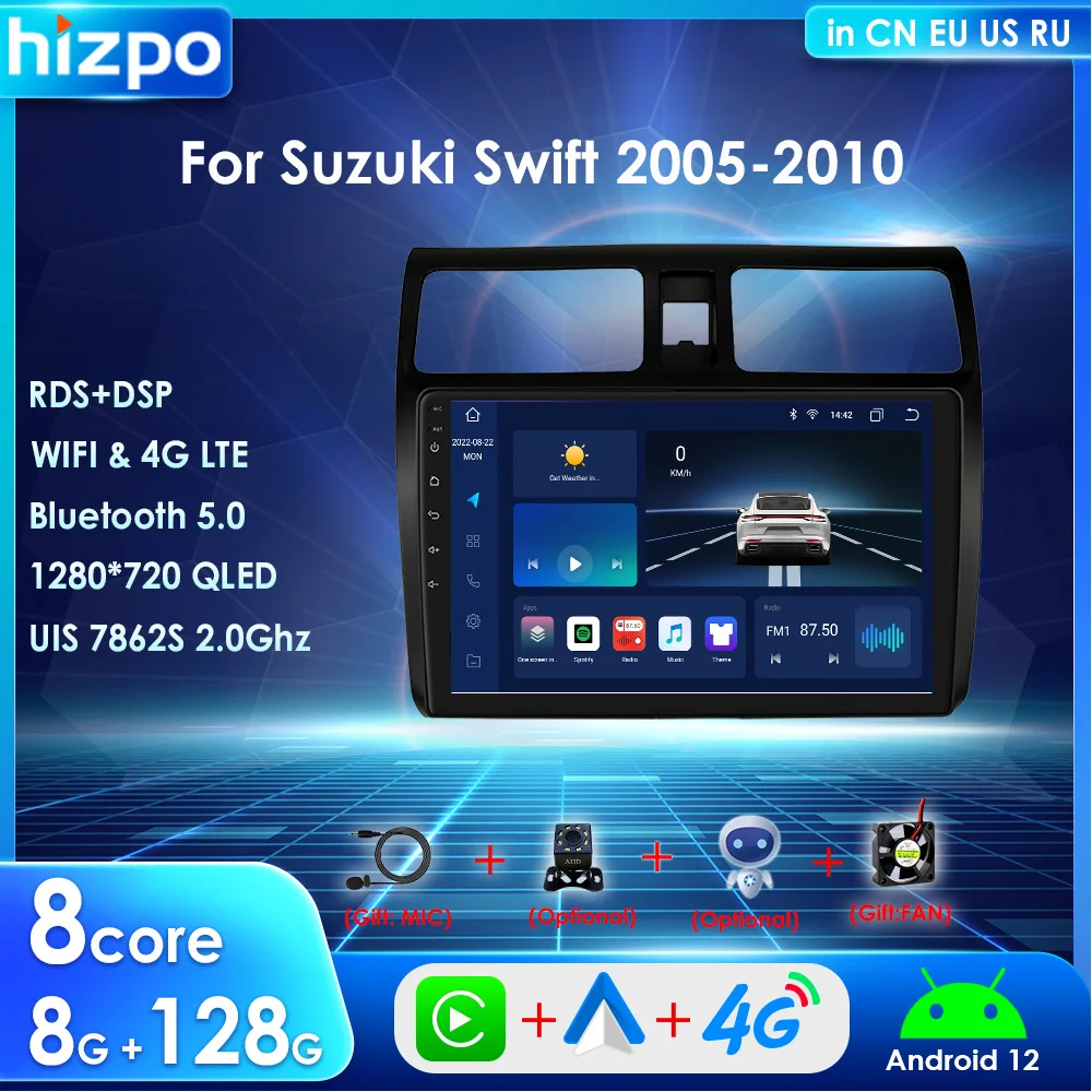 

Hizpo 2 Din Android 12 UIS7862S Carplay для Suzuki Swift 2005-2010 Автомагнитола мультимедийный плеер GPS стерео SWC BT DSP RDS 4G LTE