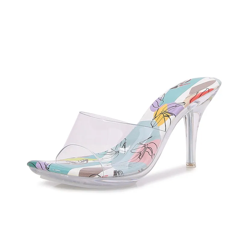 

Female Footwear Big Size Transparent Crystal Heel PVC Outer Wear Sandals Summer High Heels Slim Heels Open Toe Sandals GH127