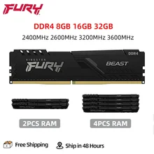 Kingston Fury Beast DDR4 8GB 16GB 32GB 3200 2400 2666 3600MHz Desktop Memory 288Pin 1.2V DIMM PC4-19200 21300 25600 DDR4 RAM