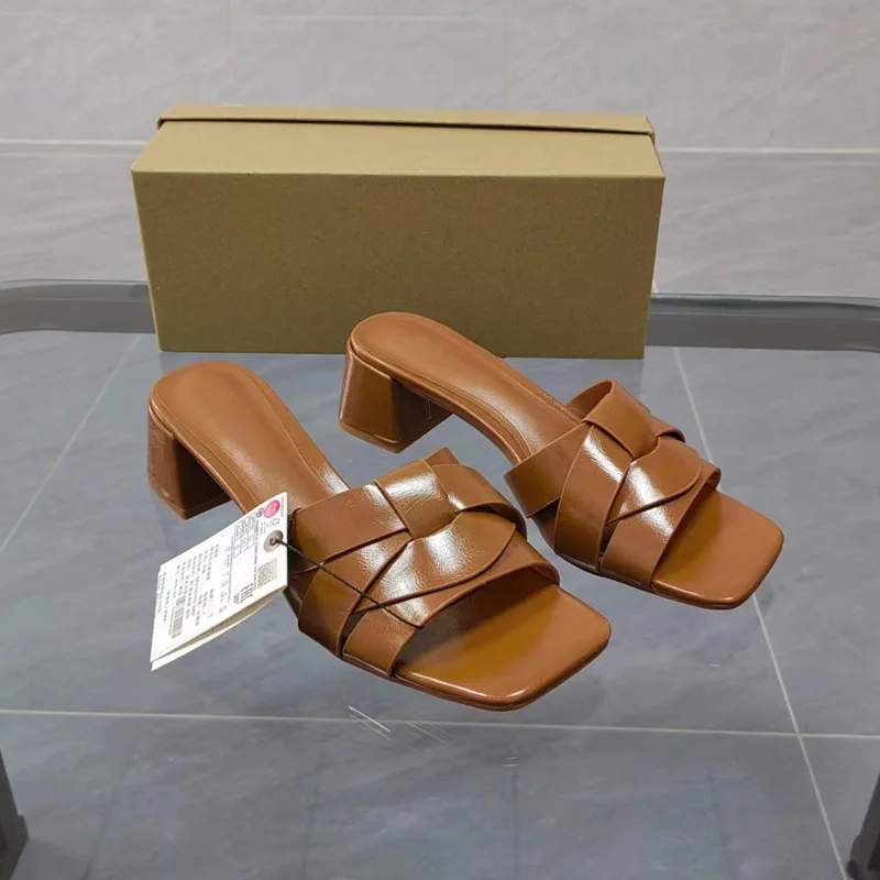 Womens Slippers 2023 Summer Fashion Leather Platform Sandals Female Squared Toes Slides Outwear Ladies Casual Slipper Size 42