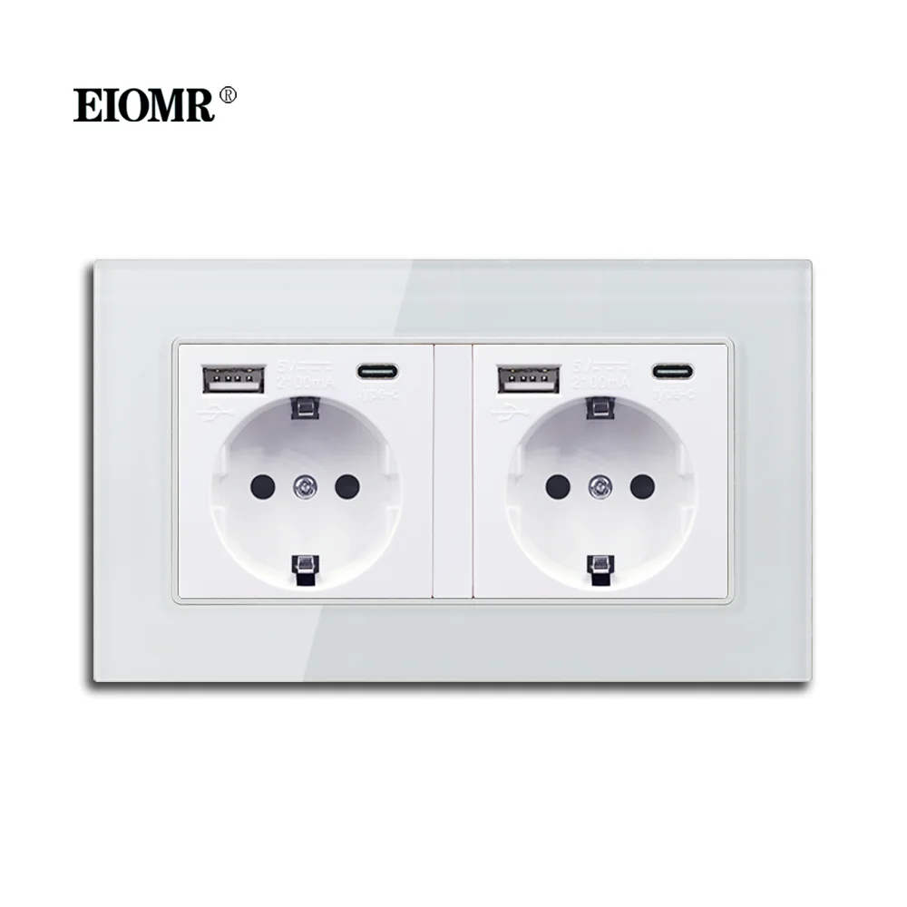 Eiomr Tomada de Energia da ue com Usb para a Carga do Telefone Painel de Vidro Cristal ac 110 Socket 220v Tomada Padrão 146*86 mm Multi Tomada de Energia da Maneira Soquetes elétricos
