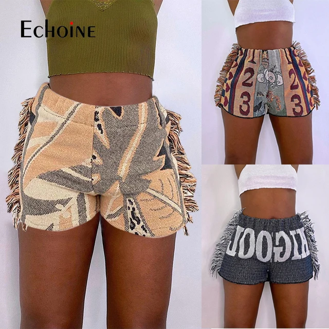 Шорты женские с бахромой и высокой талией в стиле бохо | Женская одежда
