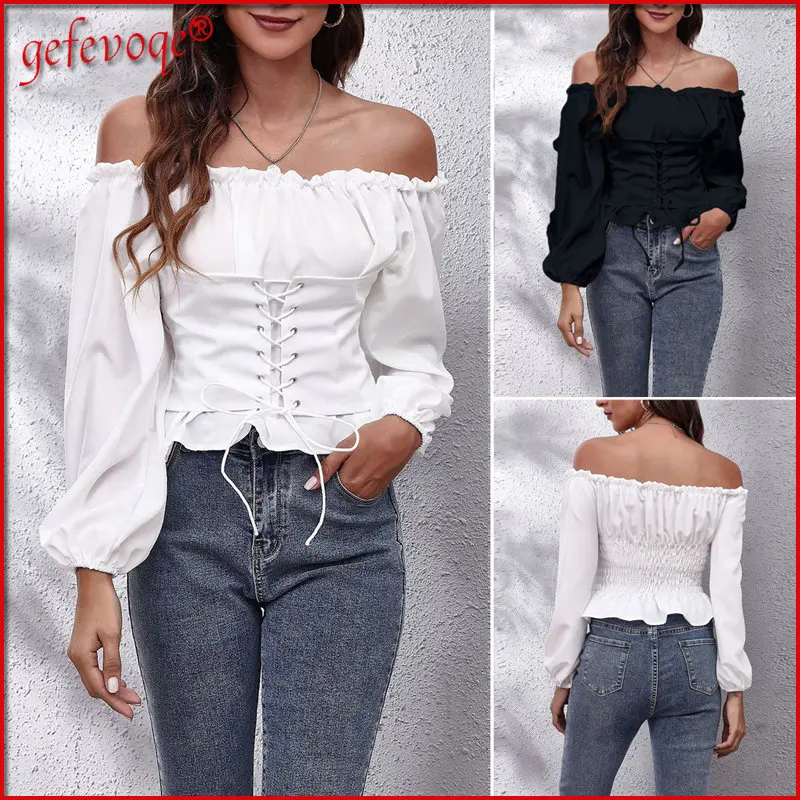

Sexy Off Shoulder Lace-up Ruffle Fashion Women Blouse 2022 Spring Autumn Casual Solid Slim Office Shirts Long Sleeve Top Female