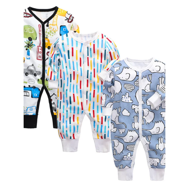 Newborn Baby Cotton Rompers Boys Girls Full Sleeve Pajamas Autumn Spring Infant Buttons Cartoon Jumpsuit 100% Cotton