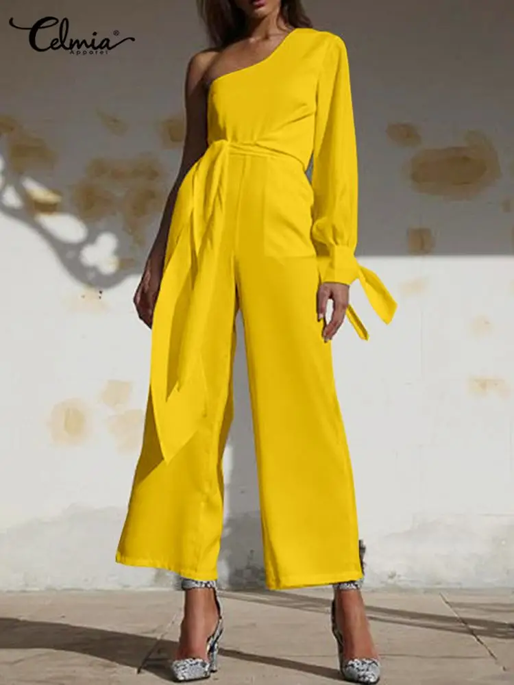 

Celmia Women Diagonal Collar Romper Chic Single Long Sleeve Fashion Autumn Overall Bandage Streetwear Asymmetrical Long Jumpsuit