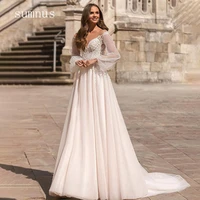 boho wedding dress puff long sleeve lace appliques v neck wedding gown 2022 tulle a line bridal dress back illusion button