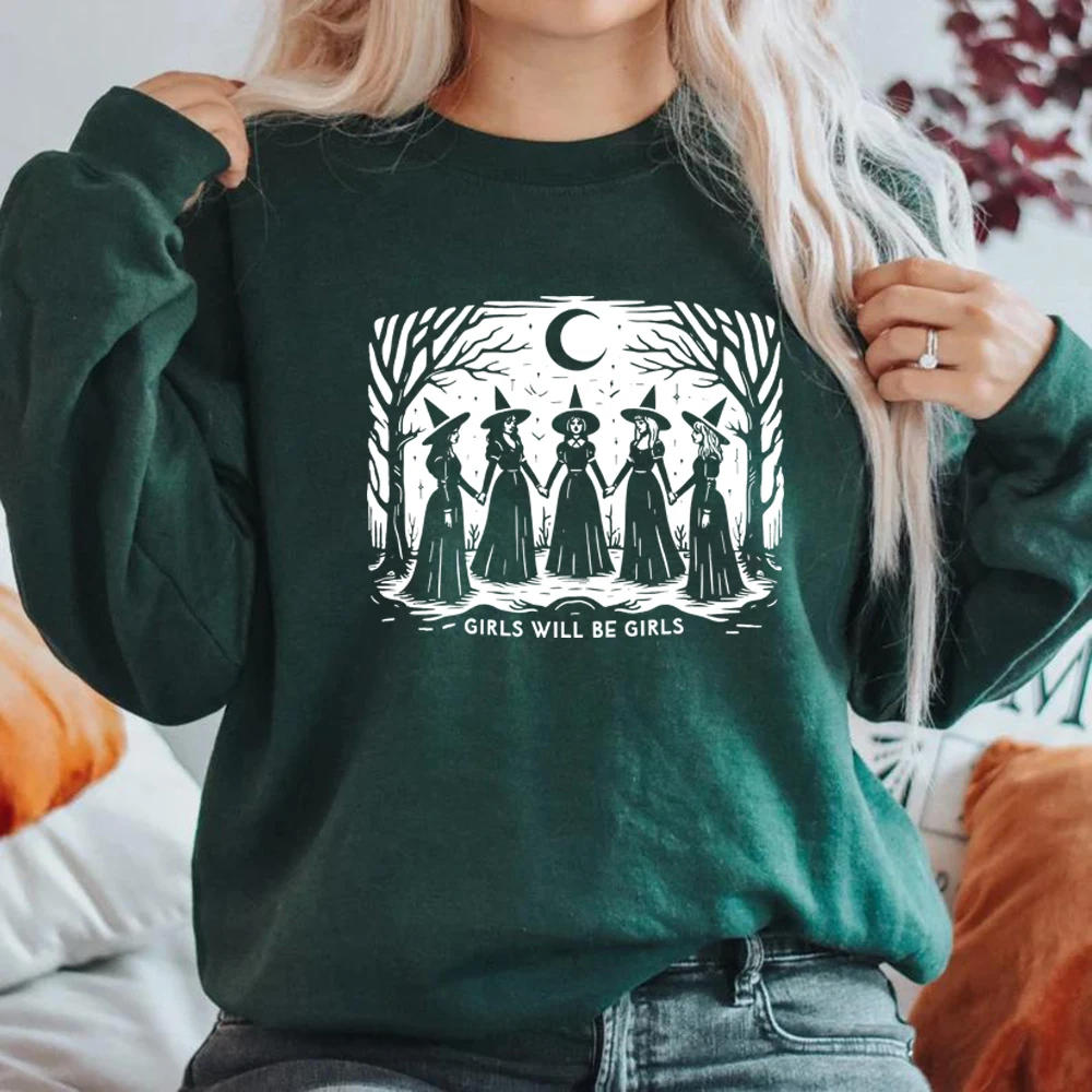 Фото Свитшот с принтом «Girls Will Be Girls Witch», забавные футболки с ведьмами, винтажный женский свитшот на Хэллоуин, худи с длинными рукавами в стиле ведьминой атмосферы №2