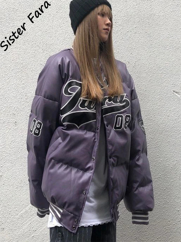 Sister Fara Pu Leather Embroidery Winter Parka Women Casual Single Breasted Cotton Padded Jacket Loose Fashion Harajuku BF Coat