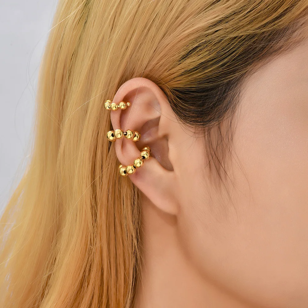

2023 Vintage Gold Color Steel Beads C Shape Ear Cuff Clip Hoop Earrings No Piercing Fake Cartilage Earrings Women Stylish Bijoux