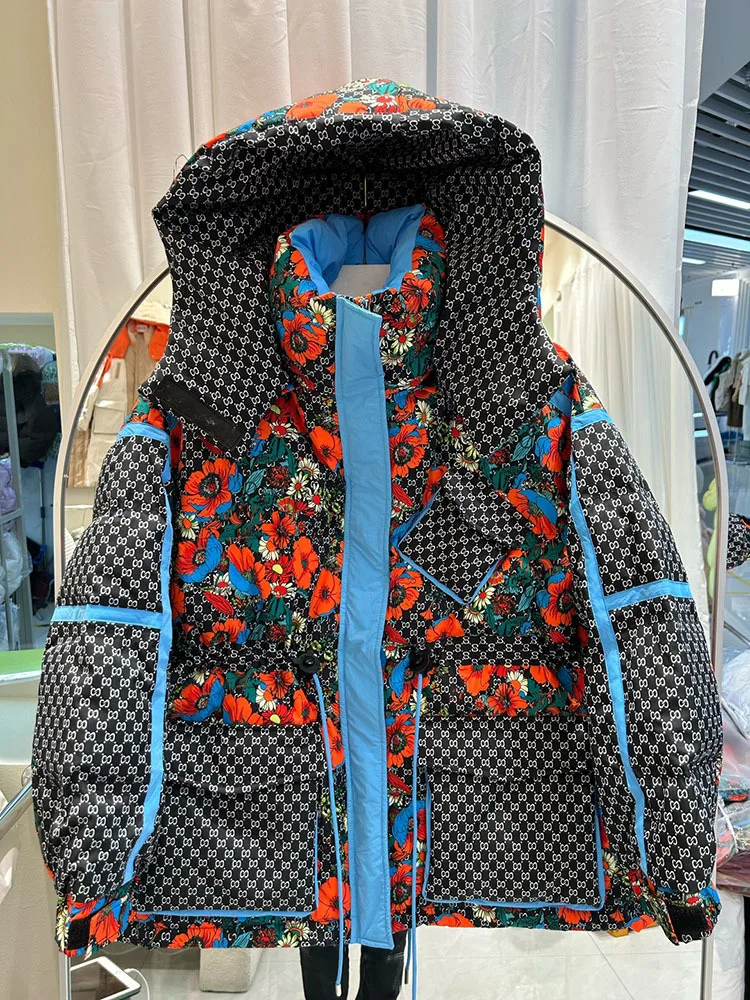 Утепленное зимнее пуховое пальто с цветочным принтом женская одежда свободные