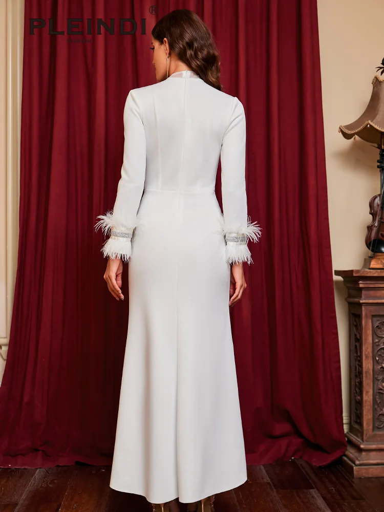 PLEINDI Elegant Evening Dresses O-Neck Chiffon Sequins Feathers Long Sleeves Floor Length 2022 New of Simple Women Prom Dress