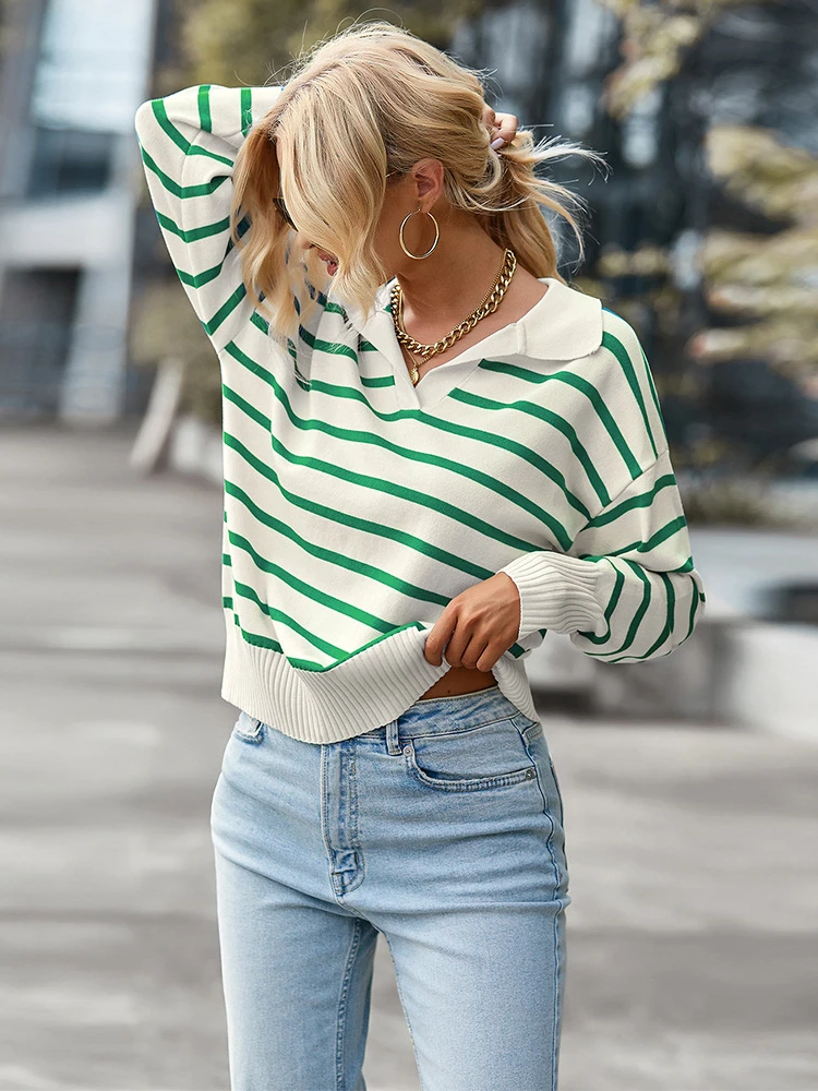 

Women Sweater Fashion Autumn Winter Ladies Striped Knitted Loose Sweater Women Pullover Lapel Soft Casual Streetwear Tops Female