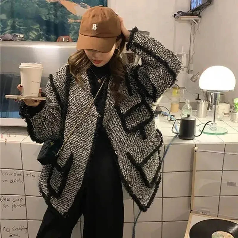Женские твидовые куртки MEXZT винтажные черные толстые пальто в стиле пэчворк