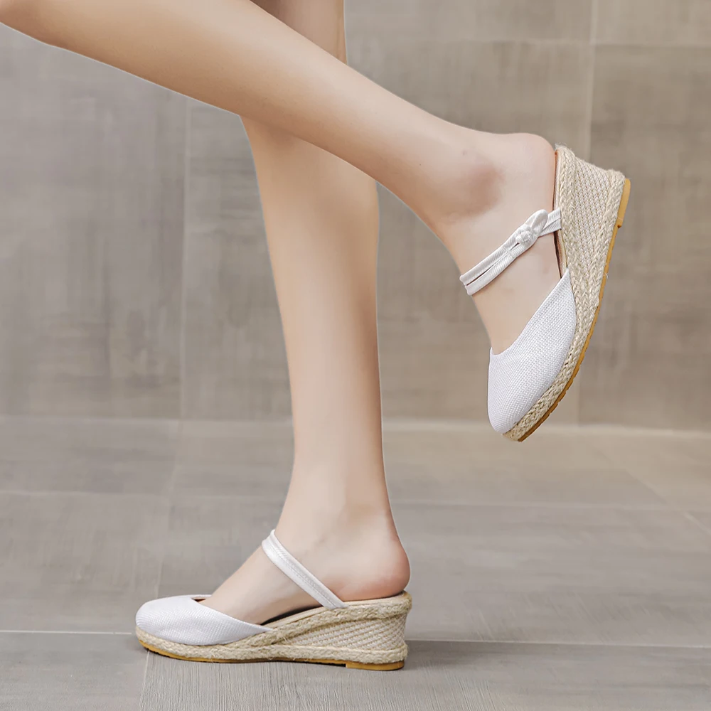 Veowalk Summer Women Plain Linen Wedge Espadrilles Slides 6cm Heel Retro Comfortable Ladies Casual Sandals Mules Shoes Black Red (art.: 3920bb9783f76) - 3920bb9783f76