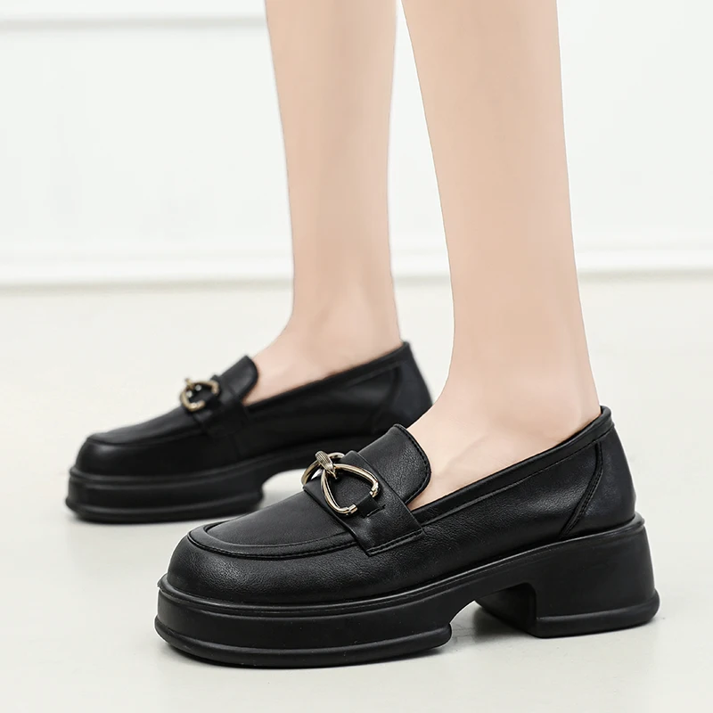 

Hight Quality 2024 S/A New British Style Business Casual Loafers For Women's Black Leather Slip-On 5.5CM Height Increasing Shoes